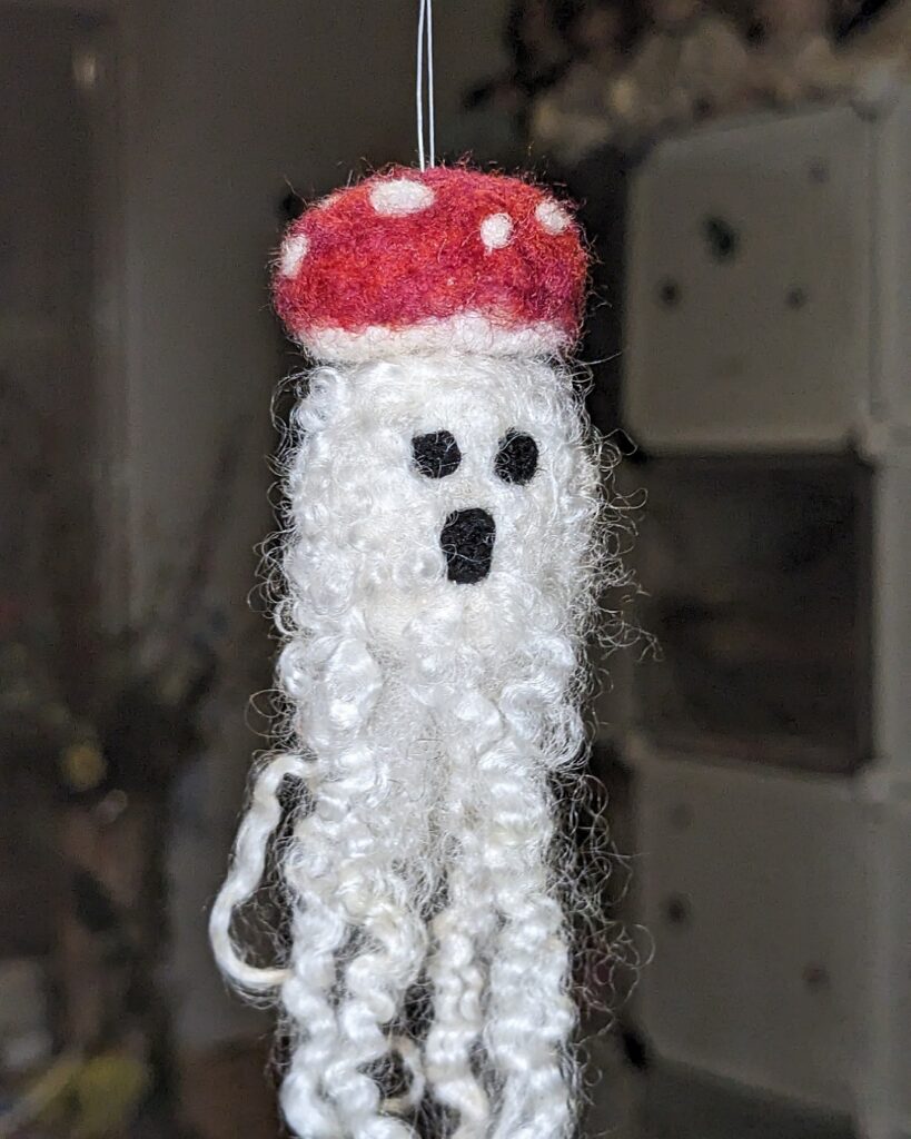 Felted mushroom ghost ornament