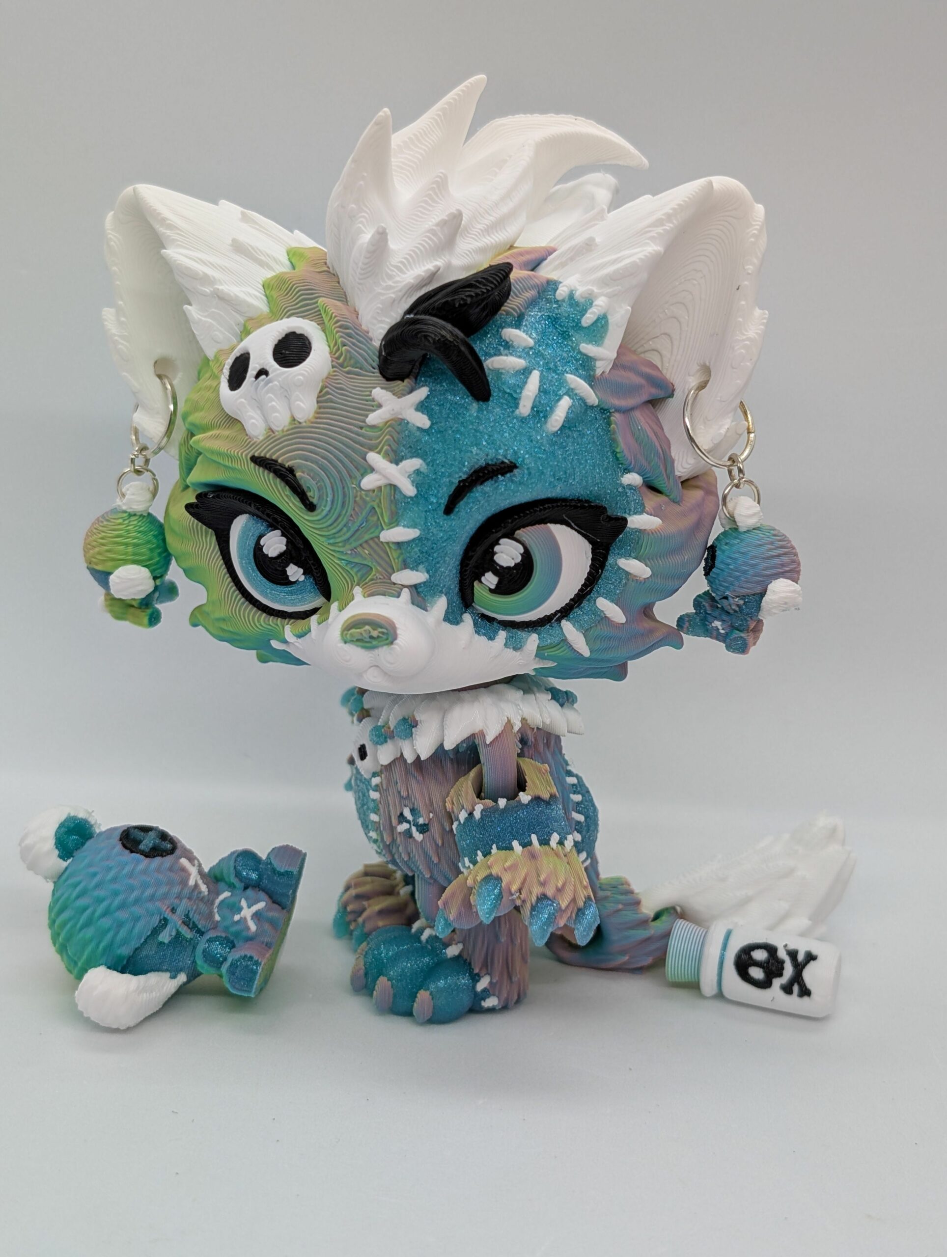 Lupa wolf doll white, colorshift and teal with teddy earrings - Image 2