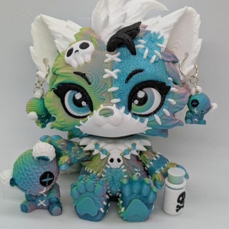 Lupa wolf doll white, colorshift and teal with teddy earrings