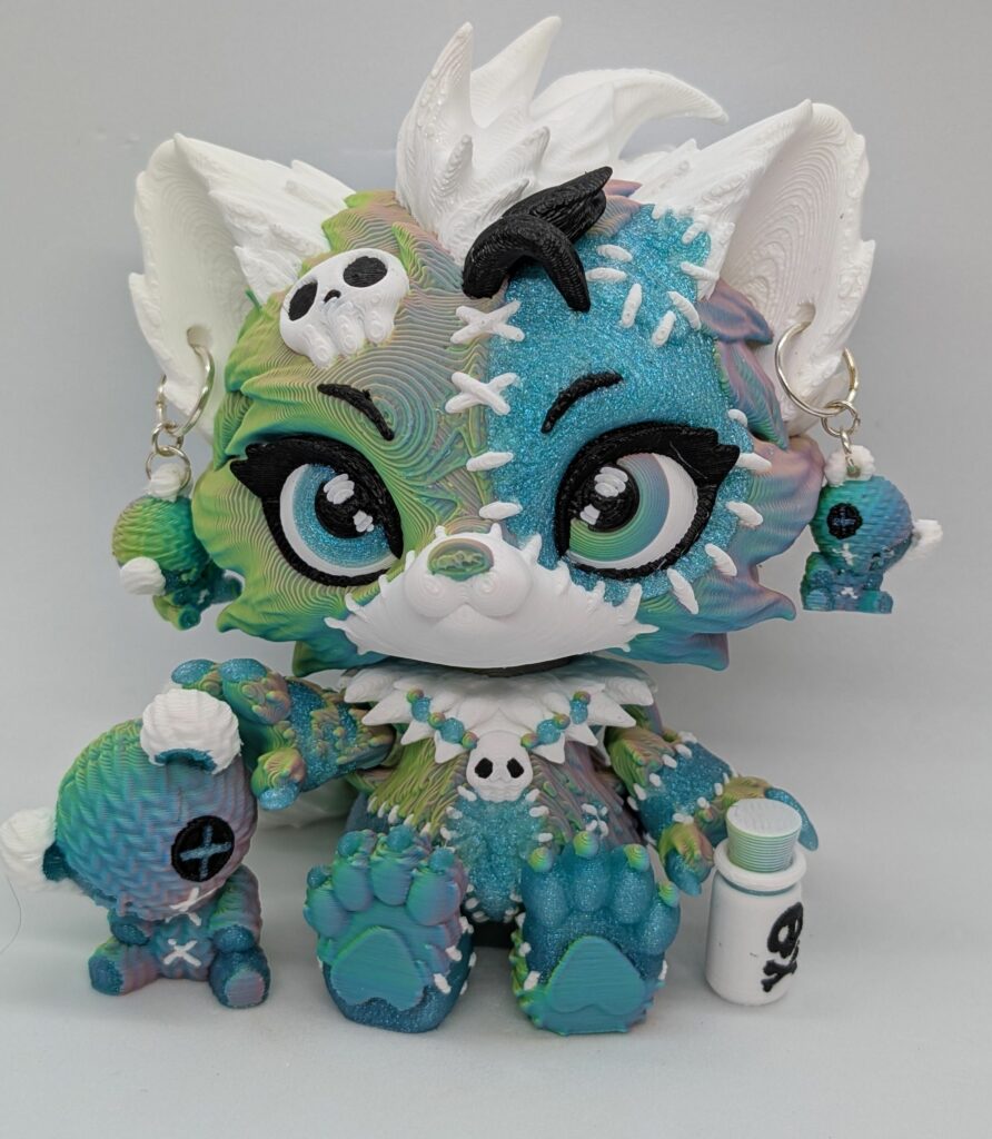 Lupa wolf doll white, colorshift and teal with teddy earrings